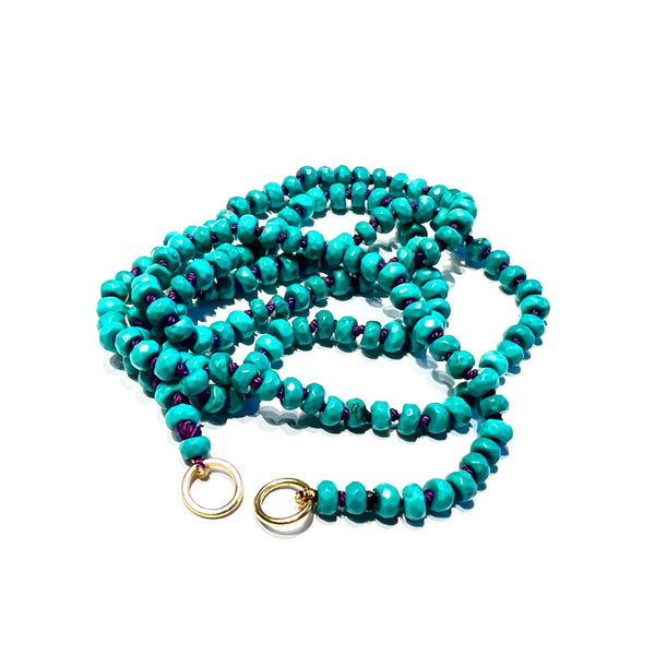 Wolter TÜRKIS, fac. Rondelle Edelsteinkette handgeknotet, amethystfarbene Perlseide 750 Gold OPEN END