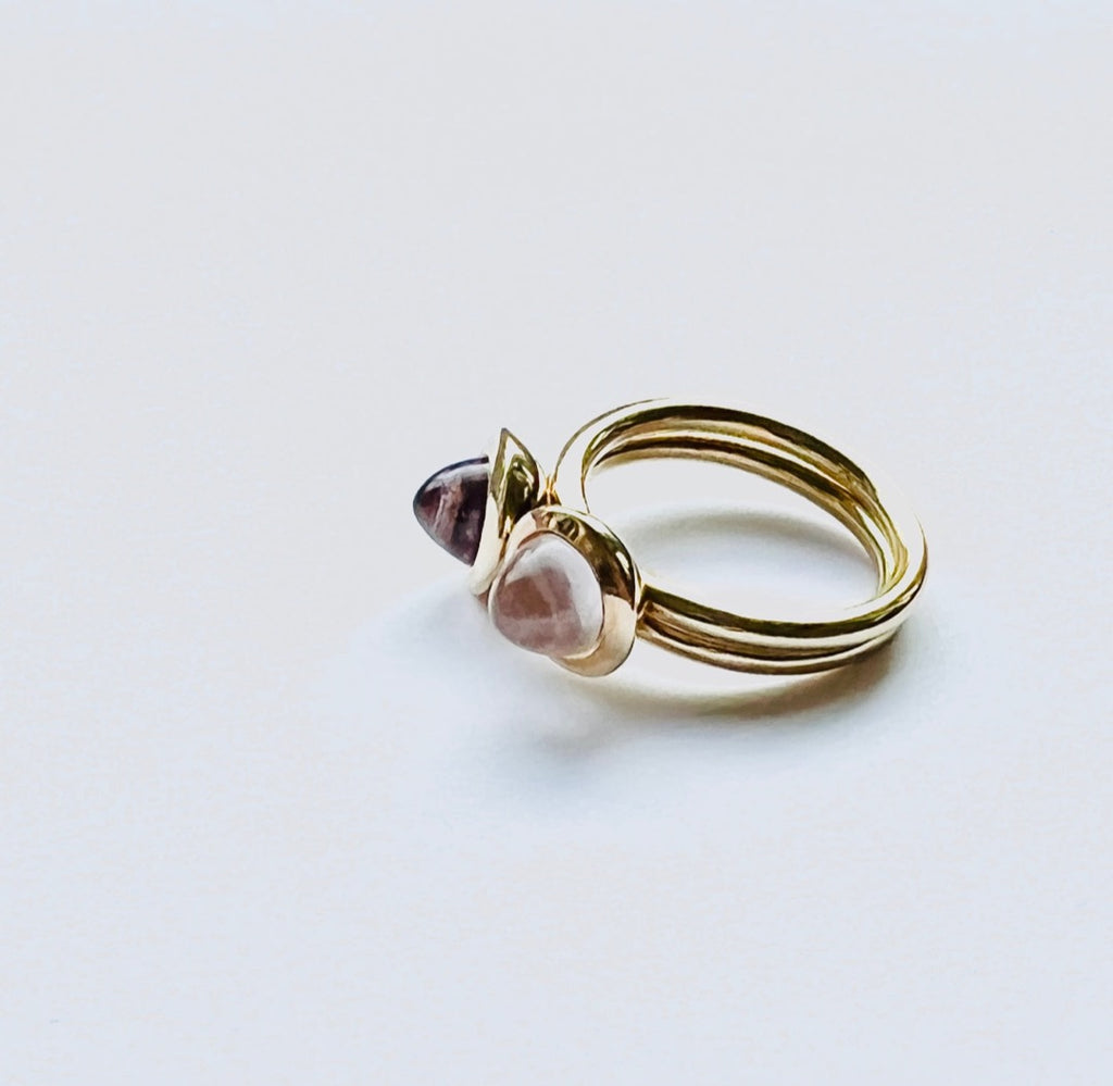 Wolter Kombination Ring  Rosenquarz Kegel-Cabochon  und Amethyst Kegel Cabochon 750 Gold l 18K Gold