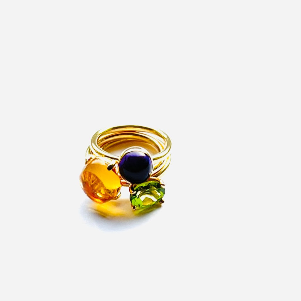 Wolter Kombination von Stapelringen 750 Gold l 18K Gold mit Madeira Citrin Cabochon, Cushion Cut Amethyst Cab. und fac. Peridot