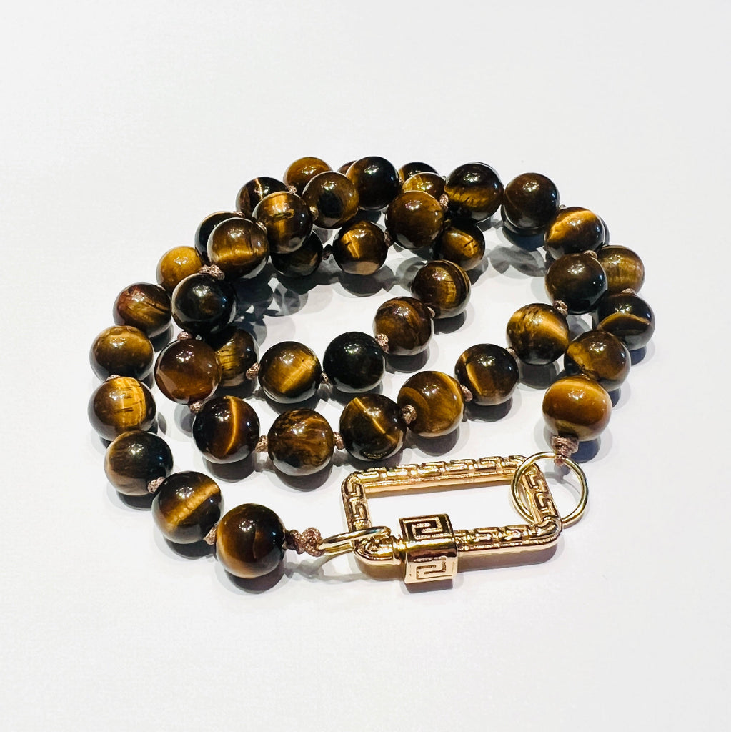 Tigerauge Edelsteinkette 750 Gold l 18K Gold Open End mit Verschluß Lock It 585 Gold