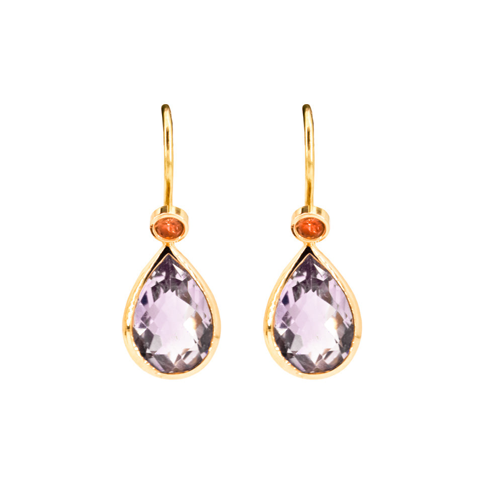 Wolter Ohrringe 750 Gold l 18K Gold Ohrhaken BASIC GEMSTONE-DOT mit 2 facettierten orangen SAPHIREN und  2 Einhängern aus 18 K Gold mit 2 facettierten Amethysten im Tropfenschliff